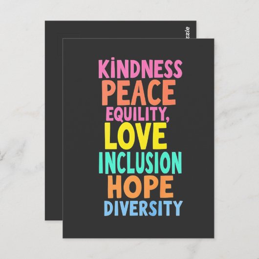 Carte Postale Kindness Peace Equality Love Inclusion Hope Divers (Devant / Derrière)