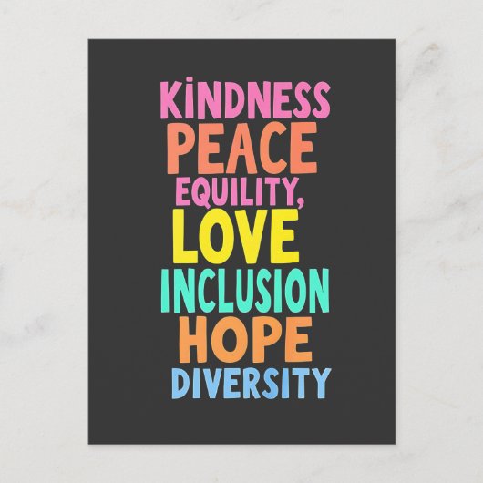 Carte Postale Kindness Peace Equality Love Inclusion Hope Divers (Devant)