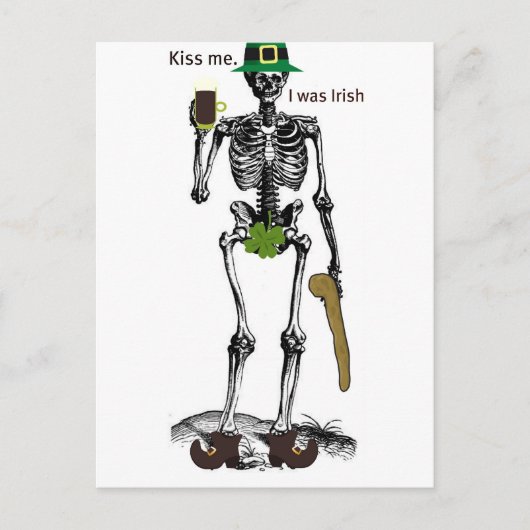 CARTE POSTALE KISS ME I WAS IRISH SKELETON PRINT (Devant)