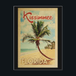 Carte Postale Kissimmee Palm Tree Vintage voyage<br><div class="desc">Un style unique rétro moderne Kissimmee Floride du milieu du siècle moderne imprimé dans le style d'affiche de voyage vintage. Il dispose d'un palmier incurvé sur une plage de sable avec l'océan sous un ciel bleu nuageux.</div>