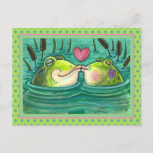 CARTE POSTALE KISSING FROGS COLORÉ & CUTE POND ROMANCE, AMUSANT