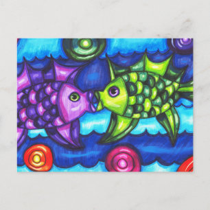 Carte Postale Kissy Fish whimsical coloré art animal de l'océan