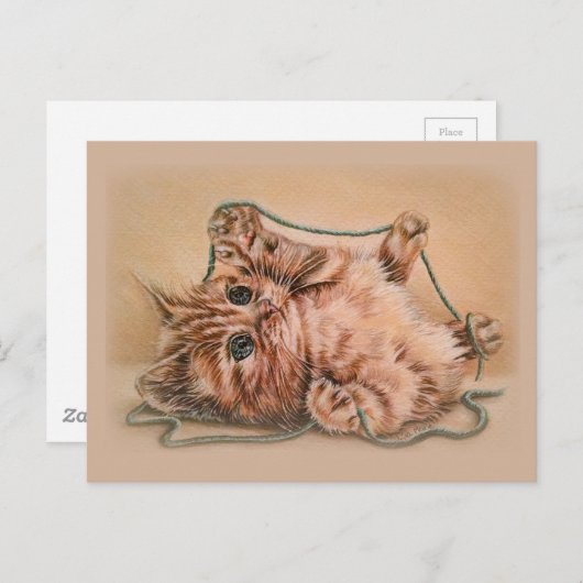 Carte Postale Kitten avec dessin en fils, illustration d'art pou (Devant / Derrière)