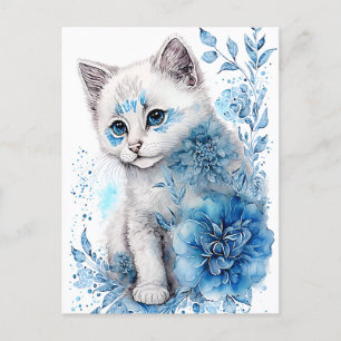 Carte Postale Kitten blanc et bleu avec fleurs