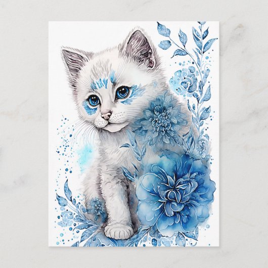 Carte Postale Kitten blanc et bleu avec fleurs (Devant)