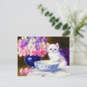 Carte Postale Kitten blanc vintage avec ruban violet (Debout devant)