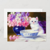 Carte Postale Kitten blanc vintage avec ruban violet (Devant / Derrière)