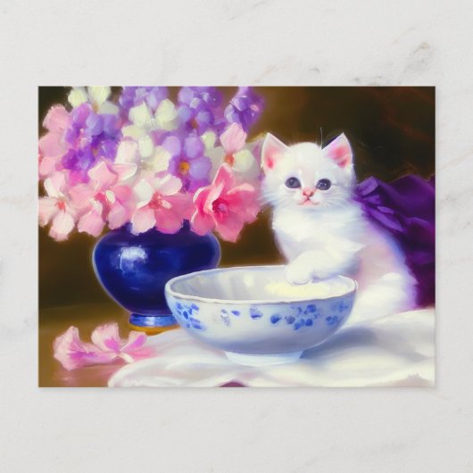 Carte Postale Kitten blanc vintage avec ruban violet (Devant)