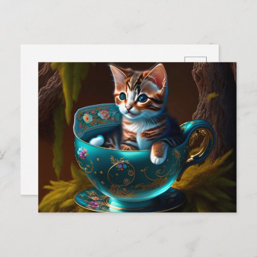 Carte Postale Kitten dans un thé bleu - Chat (Devant / Derrière)