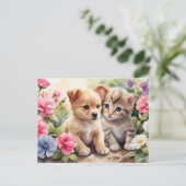 Carte Postale Kitten et chiot dans le jardin fleuri Illustration (Debout devant)