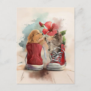 Carte Postale Kitten et chiot se saluent