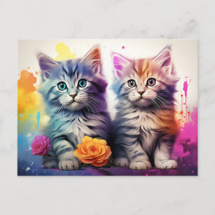 Carte Postale Kitten Illustration Vibrant Floral Aquarelle