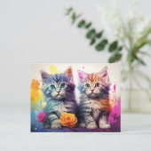 Carte Postale Kitten Illustration Vibrant Floral Aquarelle (Debout devant)