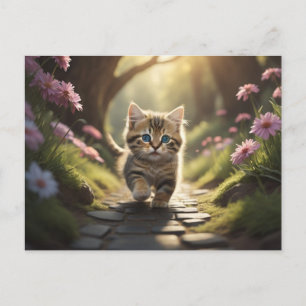 Carte Postale Kitten marchant le long du chemin entre les fleurs