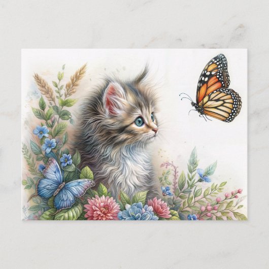 Carte Postale Kitten Staring At Butterfly Floral Art (Devant)