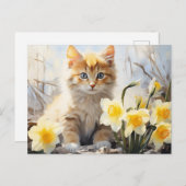 Carte Postale Kitty à l'aquarelle et jonquilles  (Devant / Derrière)
