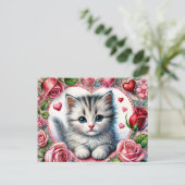 Carte Postale Kitty de la Saint-Valentin avec des roses rouges (Debout devant)