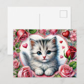 Carte Postale Kitty de la Saint-Valentin avec des roses rouges (Devant / Derrière)