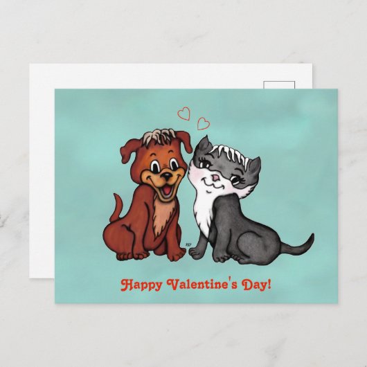 Carte Postale Kitty et Puppy, Heureuse Sainte-Valentin ! (Devant / Derrière)