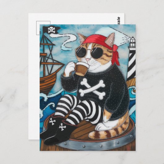 Carte Postale Kitty Pirate en pull noir flou avec un café (Devant / Derrière)