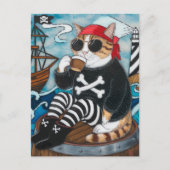 Carte Postale Kitty Pirate en pull noir flou avec un café (Devant)