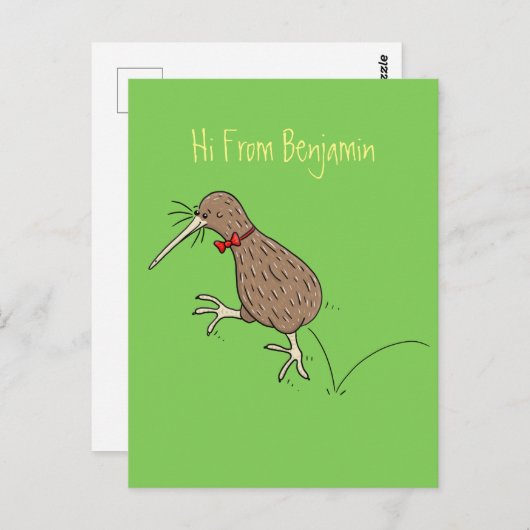 Carte Postale Kiwi sautant heureux avec dessin animé de nœud pap (Devant / Derrière)