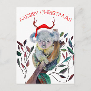Carte Postale Koala de Noël portant un chapeau de Père Noël