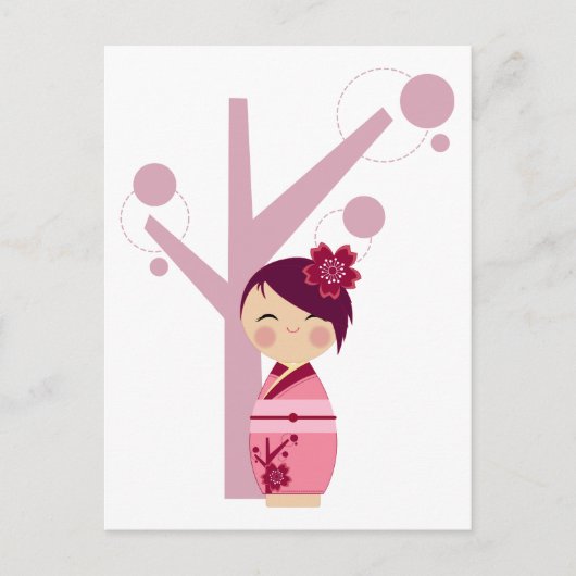Carte postale Kokeshi Sakura & Cherry Tree (Devant)