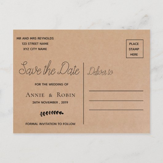 Carte Postale Kraft Paper Custom Script Wedding Enregistrer la d (Dos)