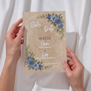 Carte Postale Kraft Rustic Blue Floral Wedding Enregistrer la da