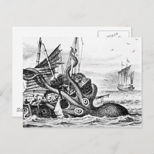 Carte Postale Kraken/Octopus Mangeant Un Navire Pirate, Noir/Bla (Devant / Derrière)
