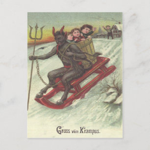 Carte Postale Krampus enlève des enfants sur son traîneau