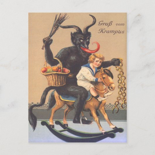 Carte Postale Krampus Équitation Hobbyhorse Avec Garçon (Devant)