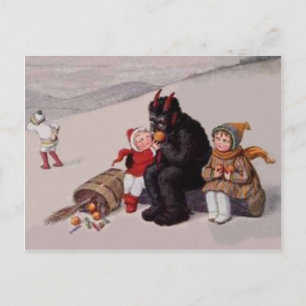 Carte Postale Krampus jouant avec les enfants dans la neige