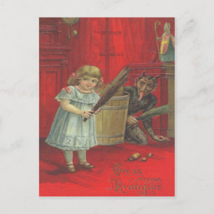 Carte Postale Krampus jouant avec une fille