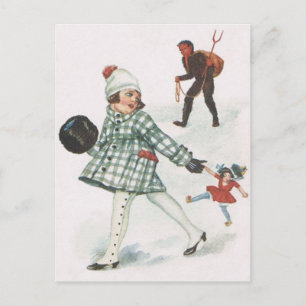Carte Postale Krampus Poursuivant Une Petite Fille Avec Poupée