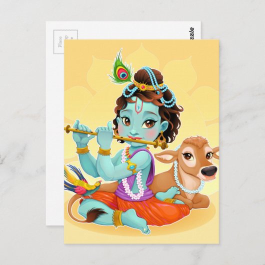 Carte Postale Krishna Indian God playing (Devant / Derrière)