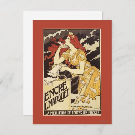 Carte Postale L. Marquet Encre Femme aux Cheveux Roux & Harpe (Devant / Derrière)