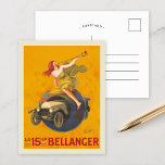 Carte Postale La Bellanger 15ch | Leonetto Cappiello<br><div class="desc">La 15ch Bellanger (1921) | L’affiche publicitaire 1921 de Leonetto Cappiello pour La 15ch Bellanger attire l’attention avec un design audacieux et imaginatif. Il présente une femme en robe jaune flottante assise sur un globe, soufflant une corne pour annoncer l'arrivée d'une voiture Bellanger, qui explose dramatiquement à travers le globe....</div>