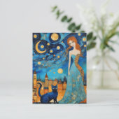 Carte Postale La Belle Femme et Chat dans une ville nocturne (Debout devant)