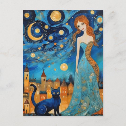 Carte Postale La Belle Femme et Chat dans une ville nocturne (Devant)