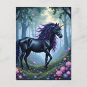 Carte Postale La belle licorne noire dans la forêt (Devant)