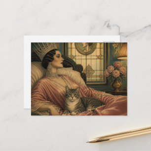 Carte Postale La Belle Reine Retro Endormie et son Chat
