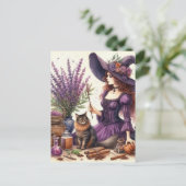 Carte Postale La belle sorcière en violet avec lavande de chat (Debout devant)