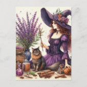 Carte Postale La belle sorcière en violet avec lavande de chat (Devant)