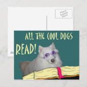 Carte Postale La bibliothèque - Samoyed - les chiens frais a lu (Devant / Derrière)
