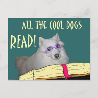 Carte Postale La bibliothèque - Samoyed - les chiens frais a lu