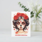 Carte Postale La Calavera Catarina💀 en Fleurs Rouges (Debout devant)