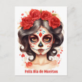 Carte Postale La Calavera Catarina💀 en Fleurs Rouges (Devant)