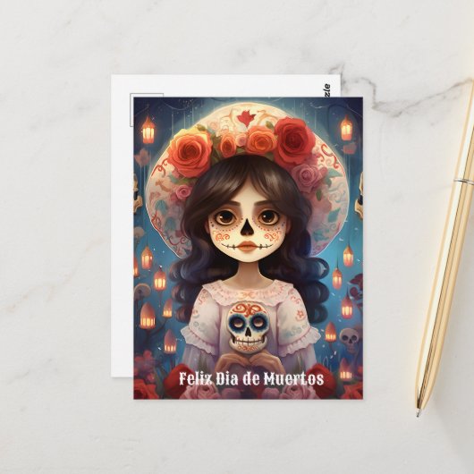 Carte Postale 🌹 La Calavera Catrina : Les fleurs de la vie 🌹 (Devant/Arrière en situation)
